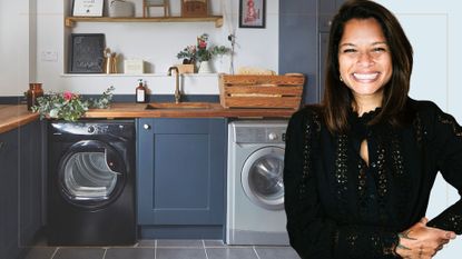 picture of navy blue utility room with grey appliances and a cut out of Dilly Carter over top