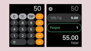 Screenshot of the calculator on Apple Watch with TIP button in view