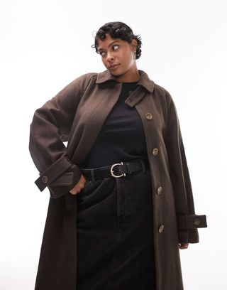 Topshop Curve Long-Lined Belted Brushed Trench Coat in Chocolate