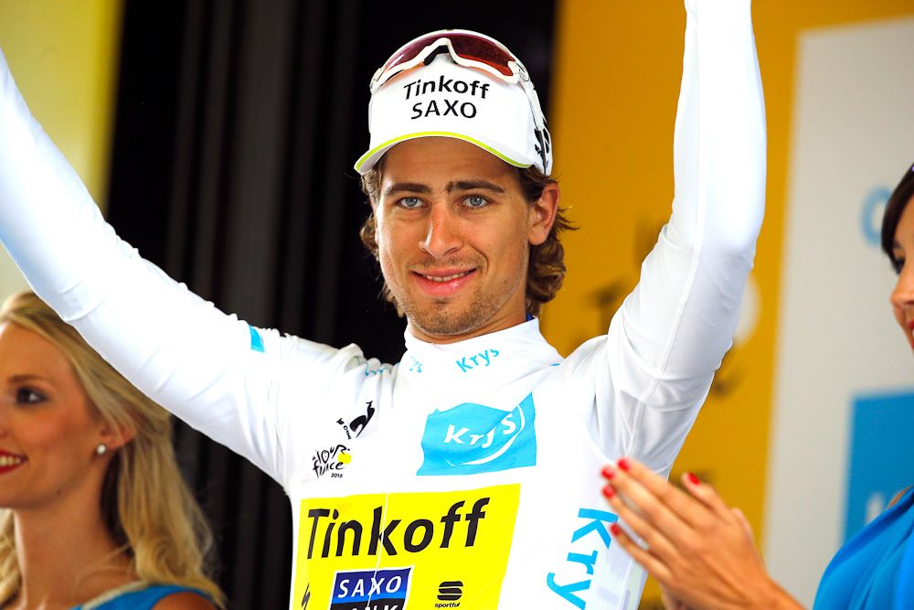 Peter Sagan in the white jersey of the Tour's best young rider.