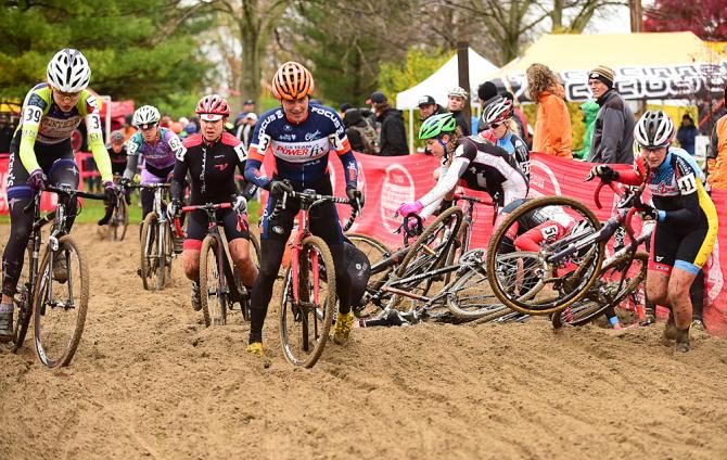 The women had a major pileup the first time through the long sand pit