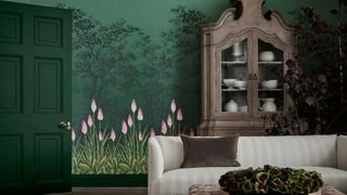 green living room with mural wallpaper