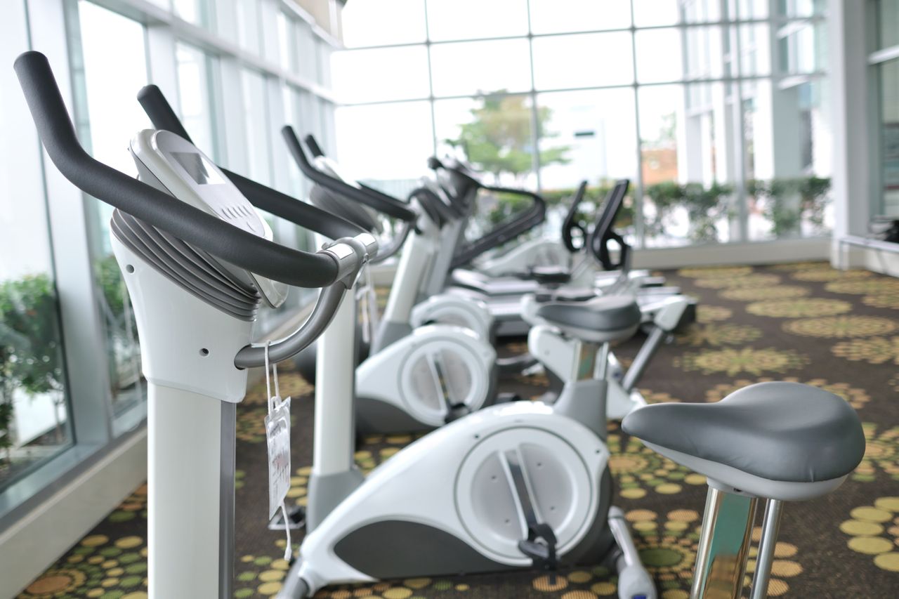 hotel gym bikes saddle close up 