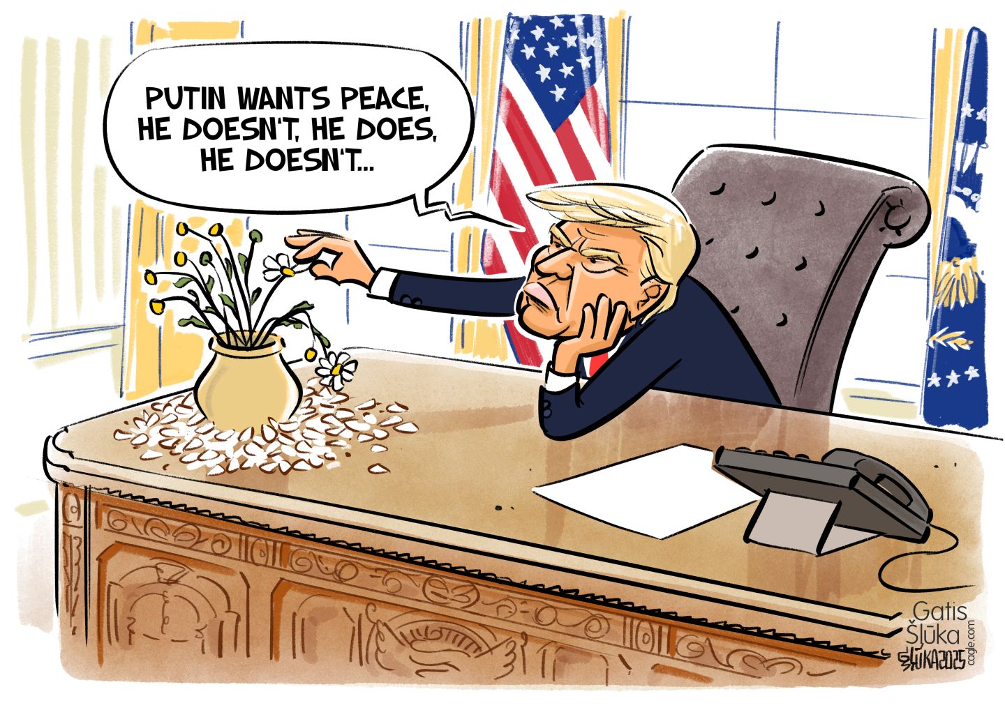 
                                This cartoon depicts a grumpy Donald Trump at his desk in the oval office. He’s picking petals off a flower while he says, “Putin wants peace, he doesn’t, he does, he doesn’t.”
                            
