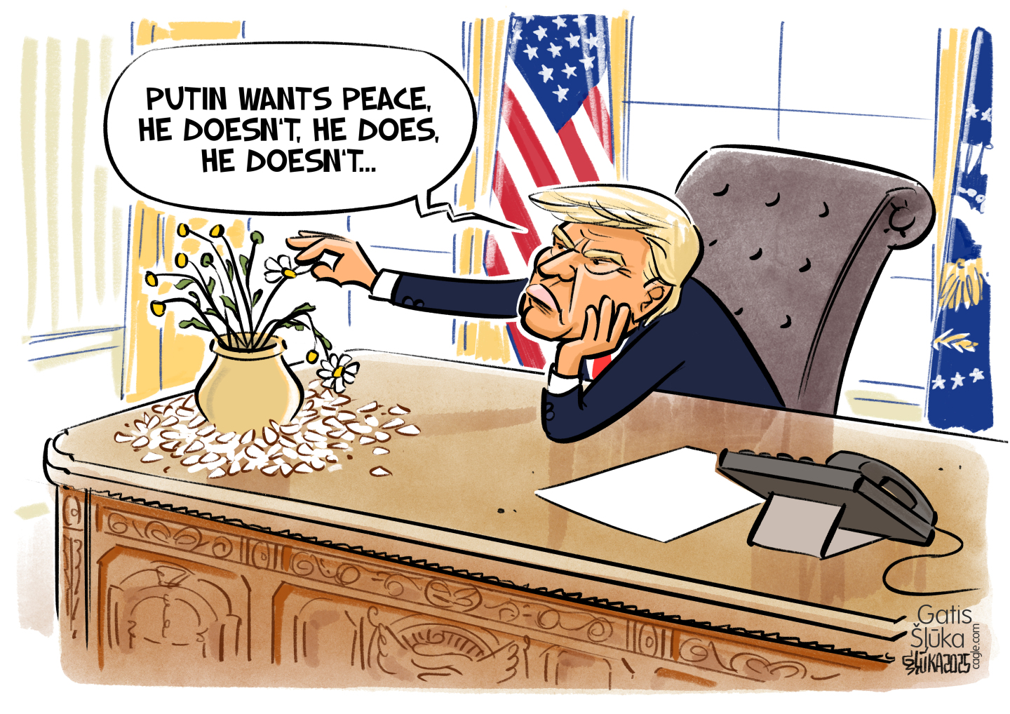 This cartoon depicts a grumpy Donald Trump at his desk in the oval office. He’s picking petals off a flower while he says, “Putin wants peace, he doesn’t, he does, he doesn’t.”