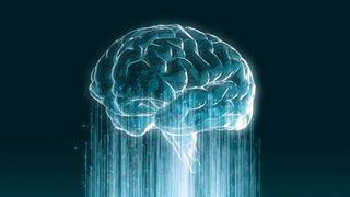 Digital illustration of a human brain mimicking artificial intelligence. The brain is blue and is leaking light like water. It is set against a black background.