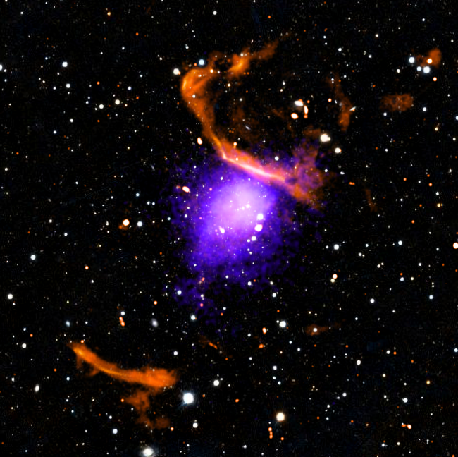 A purple blob of bright smoke against a black background punctuated with silver, red and gold orbs