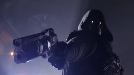 Destiny 2 The Final Shape cutscene screenshot shows a hooded individual pointing a gun.