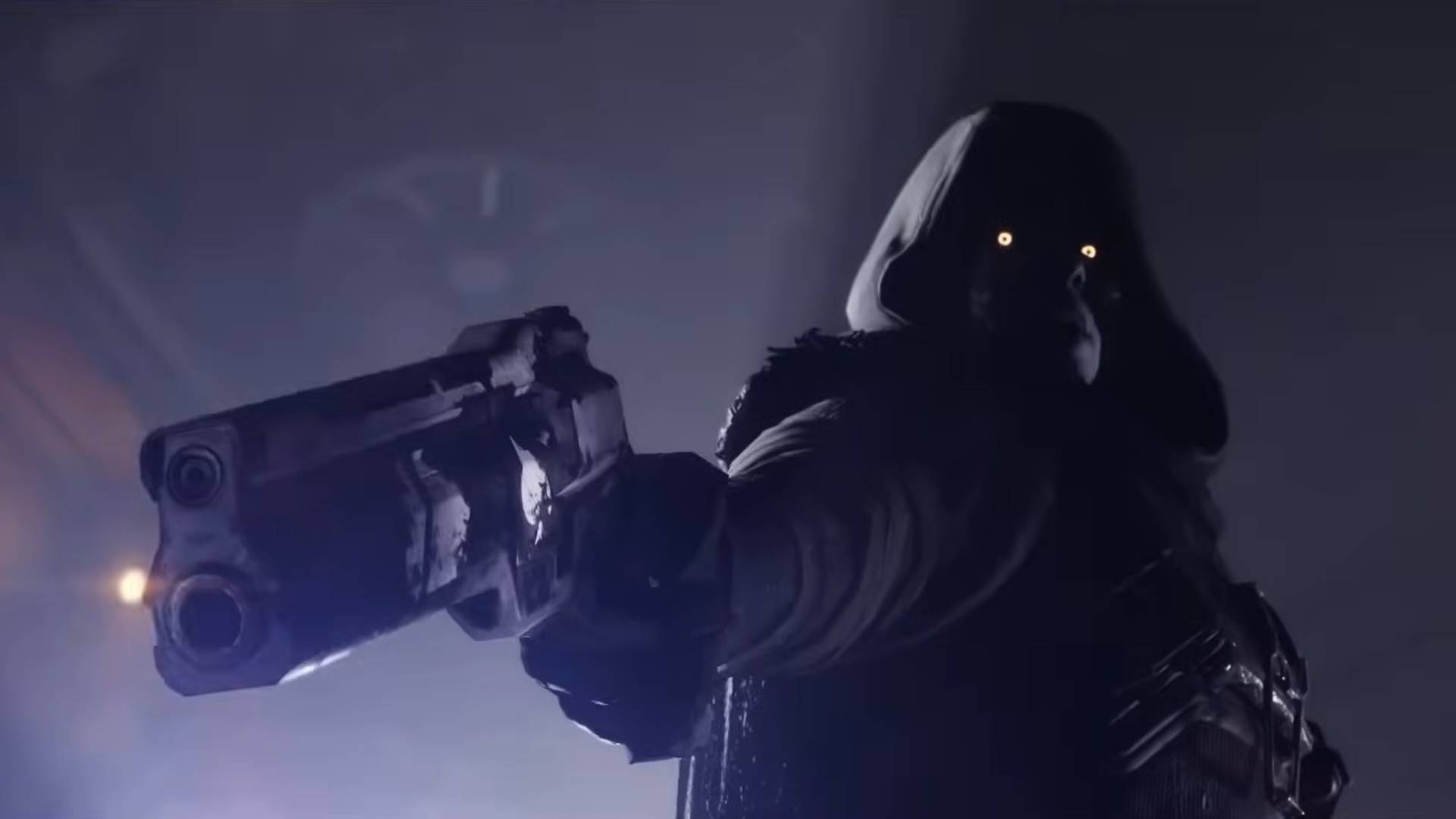 Destiny 2 The Final Shape cutscene screenshot shows a hooded individual pointing a gun.