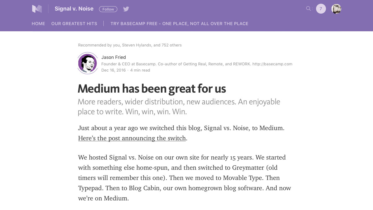 Medium article titled 'Medium has been great for us'