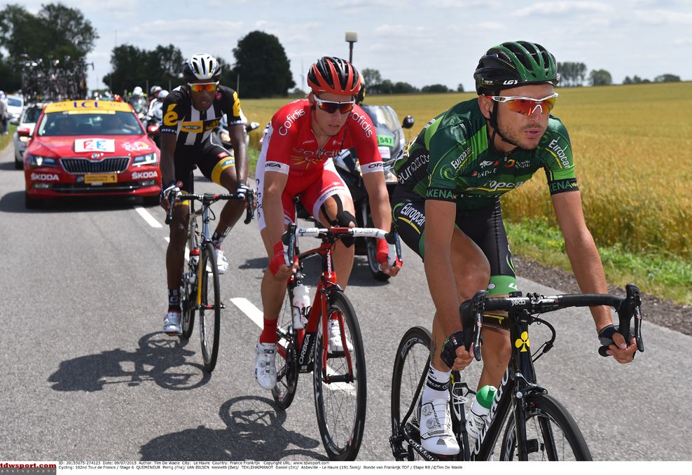 Perrig Qu&eacute;m&eacute;neur (Europcar) leads the break on stage 6 of the Tour de France