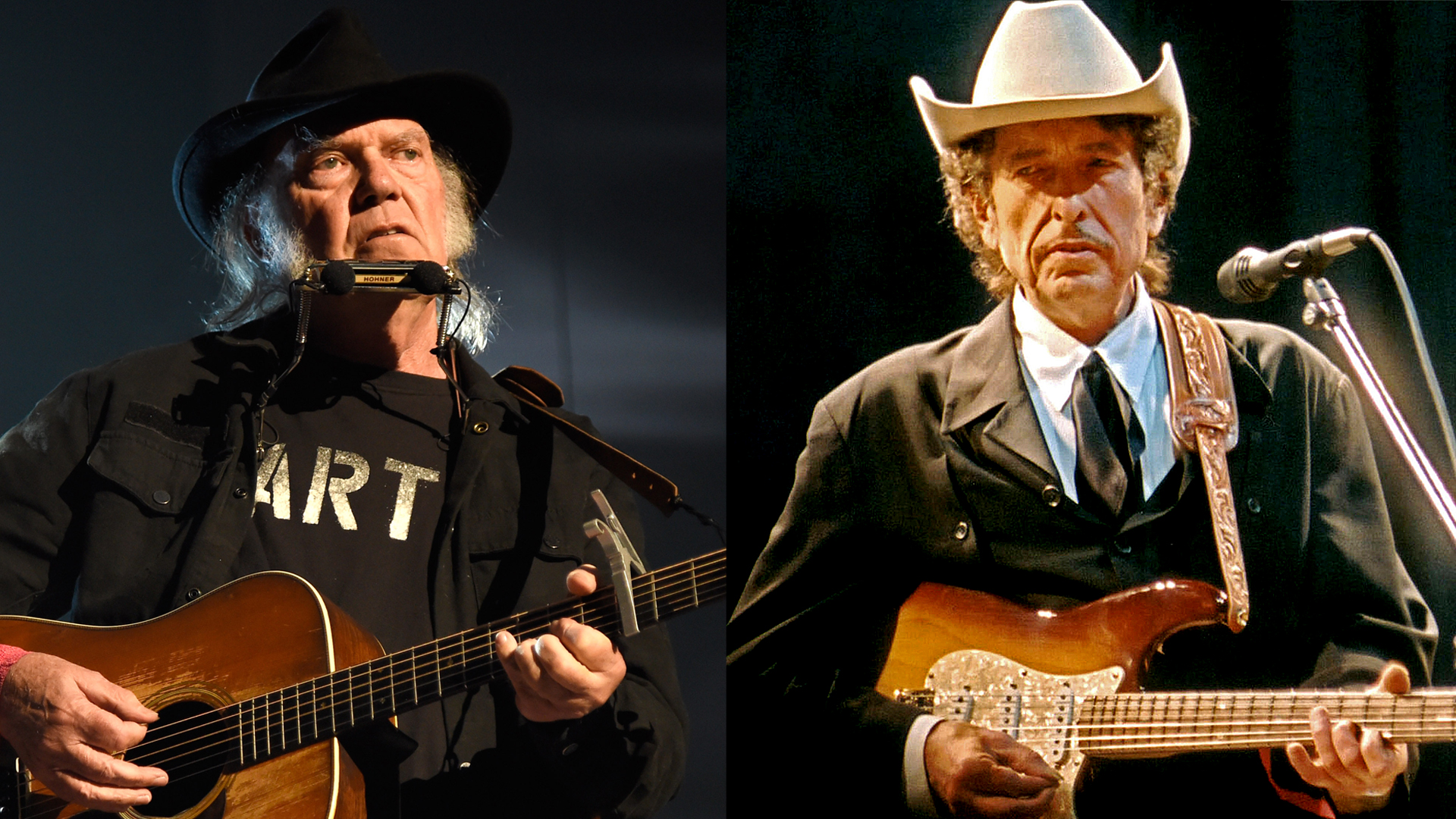 LEFT Neil Young performs onstage at the 25th anniversary MusiCares 2015 Person Of The Year Gala honoring Bob Dylan at the Los Angeles Convention Center on February 6, 2015 in Los Angeles, California. RIGHT: Bob DYLAN; performing live onstage, wearing Stetson hat 