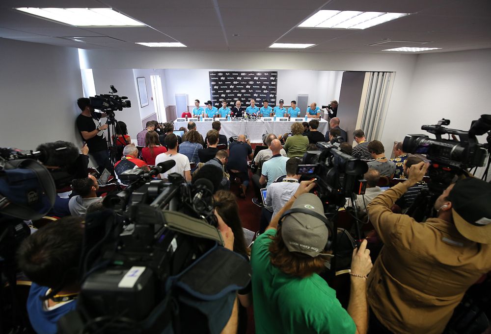 Team Sky riders and manager Dave Brailsford gather for a press conference ahead of the 2016 Tour de France.
