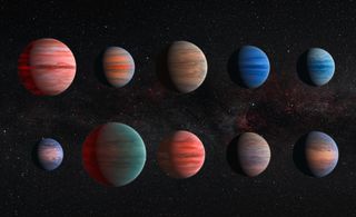 An artist rendering of 10 round exoplanets, 5 on top and 5 on bottom in front of a starry background