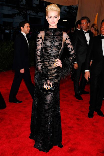 Anne Hathaway at the Met Ball with blonde hair