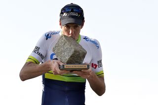 Mat Hayman (Orica-GreenEdge) kisses the winner's trophy at Paris-Roubaix