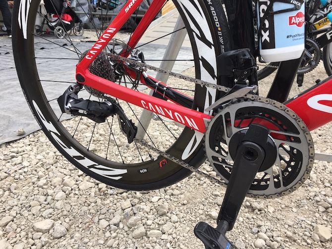 A closer look at the drivetrain of the 12-speed SRAM groupset spotted at the 2018 Saitama Criterium