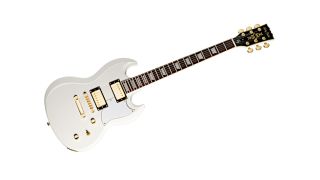 A white Harley Benton DC-Custom II guitar sitting on a plain white background