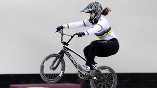 Beth Shreiver riding BMX in world champs jersey