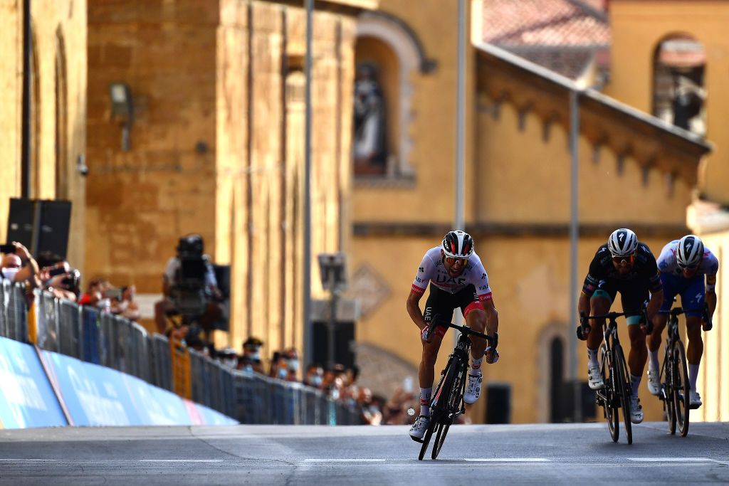 AGRIGENTO ITALY OCTOBER 04 Arrival Sprint Diego Ulissi of Italy and UAE Team Emirates Peter Sagan of Slovakia and Team Bora Hansgrohe Mikkel Honore of Denmark and Team Deceuninck QuickStep during the 103rd Giro dItalia 2020 Stage 2 a 149km stage from Alcamo to Agrigento 243m girodiitalia Giro on October 04 2020 in Agrigento Italy Photo by Stuart FranklinGetty Images