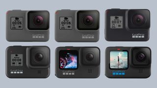 Una cuadrícula de seis cámaras de acción GoPro sobre un fondo gris