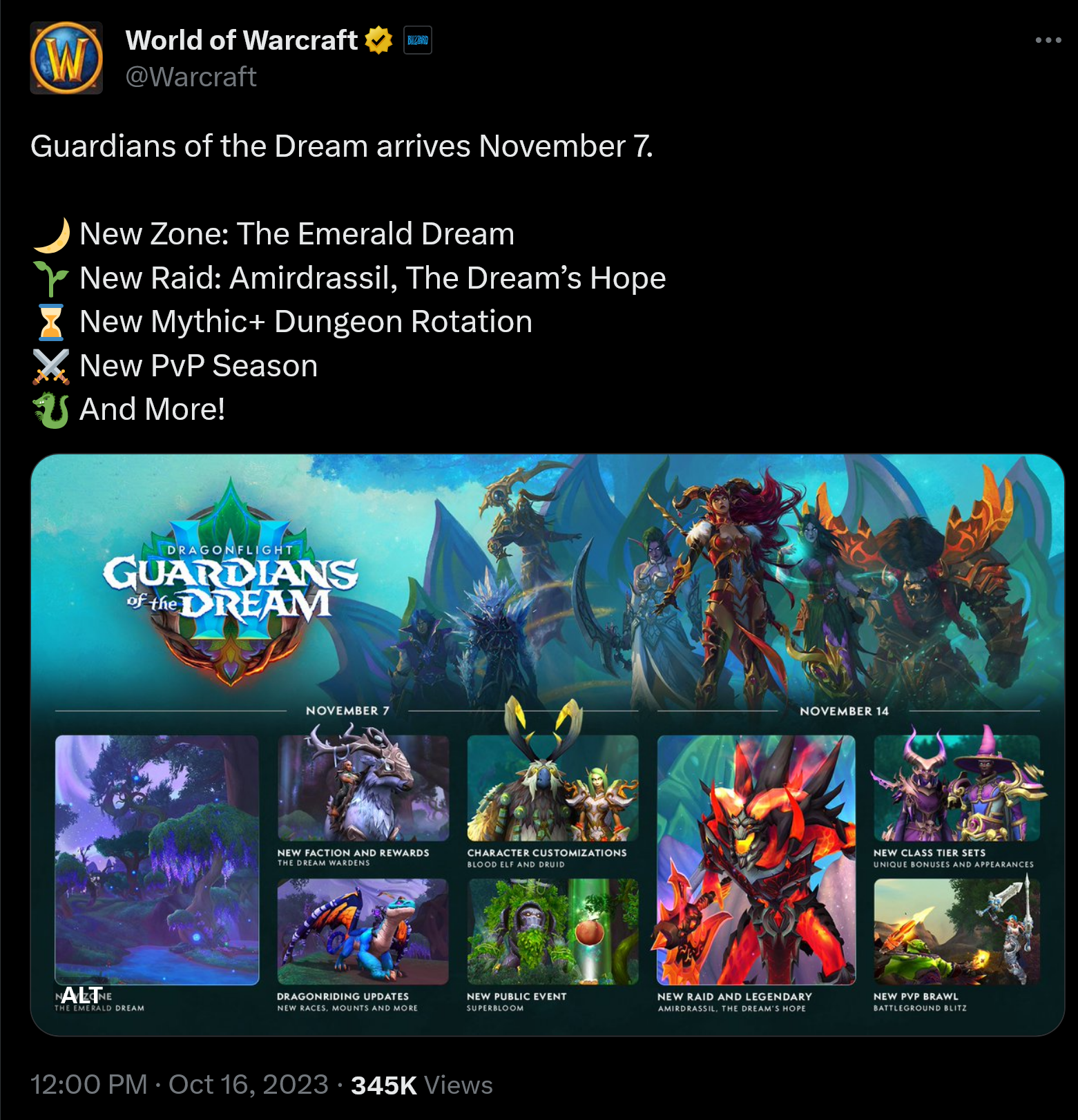 Guardians of the Dream arrives November 7.  ???? New Zone: The Emerald Dream ???? New Raid: Amirdrassil, The Dream’s Hope ⌛ New Mythic+ Dungeon Rotation ⚔️ New PvP Season ???? And More!
