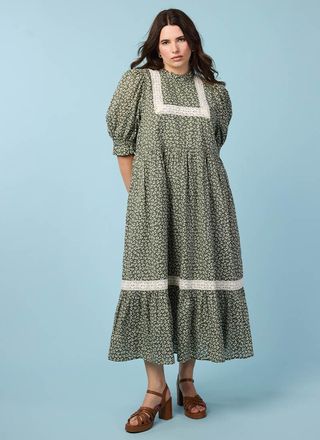 Ceri Sage Floral Print Puff Sleeve Prairie Dress