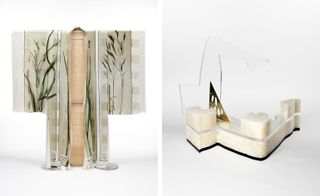 From left: British Grasses Kimono, 2015; and Alabaster Leg, 2015, both by Anthea Hamilton. Photography: Lewis Ronald. Courtesy the artist and Loewe Foundation