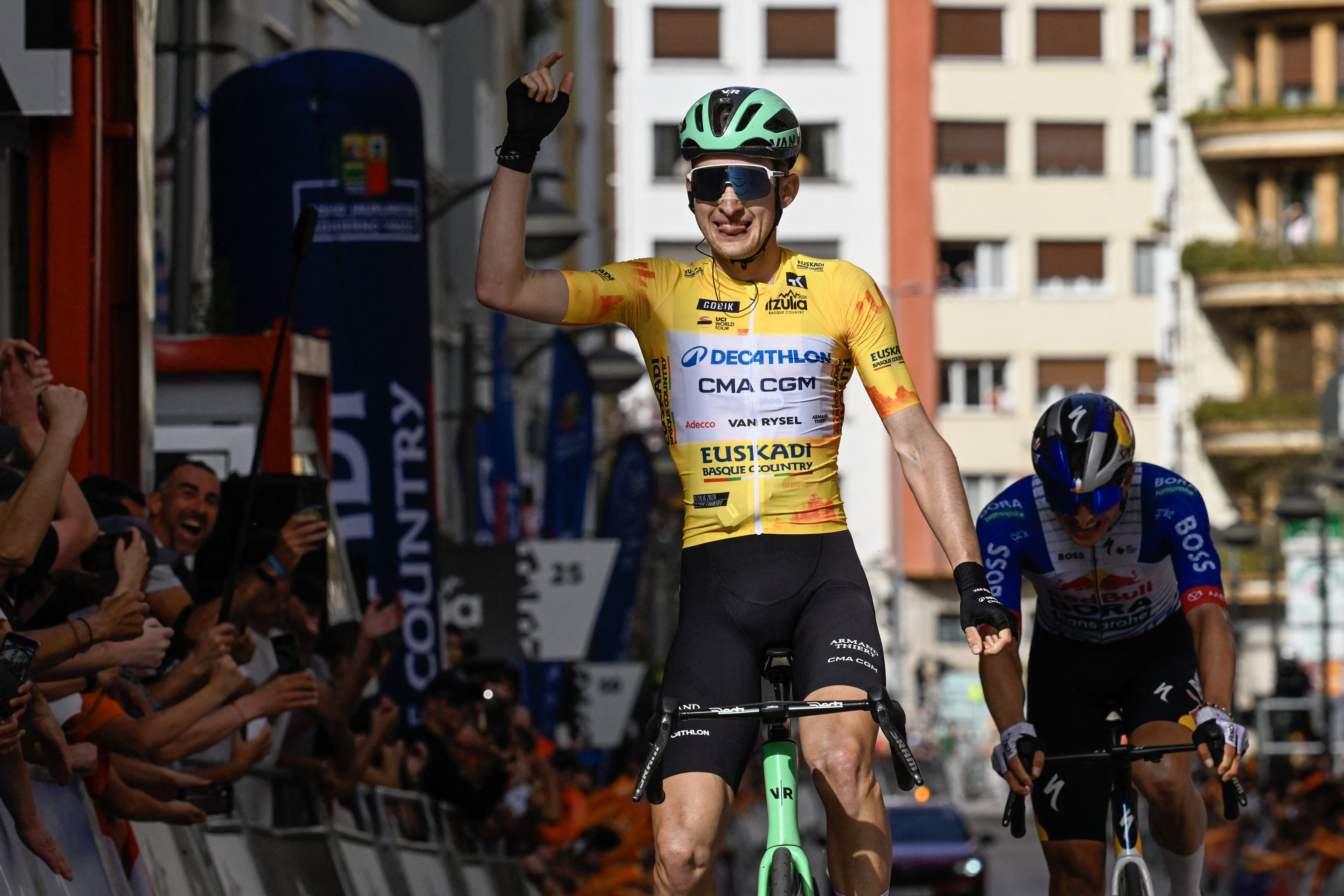 French rider Paul Seixas celebrates winning the fifth stage of the Itzulia Basque Country 2026