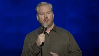 Jim Gaffigan in his standup special making a funny face on Amazon.