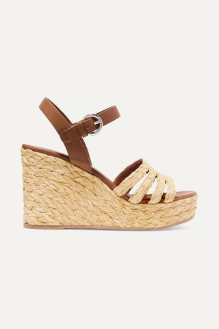 Leather and woven raffia espadrille wedge sandals