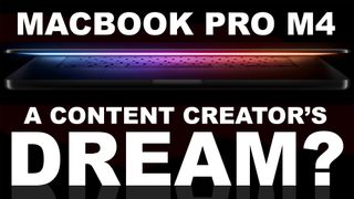 Apple MacBook Pro M4 on a black background surrounded by white text: &quot;Macbook Pro M4 a content creator&#039;s dream?&quot;