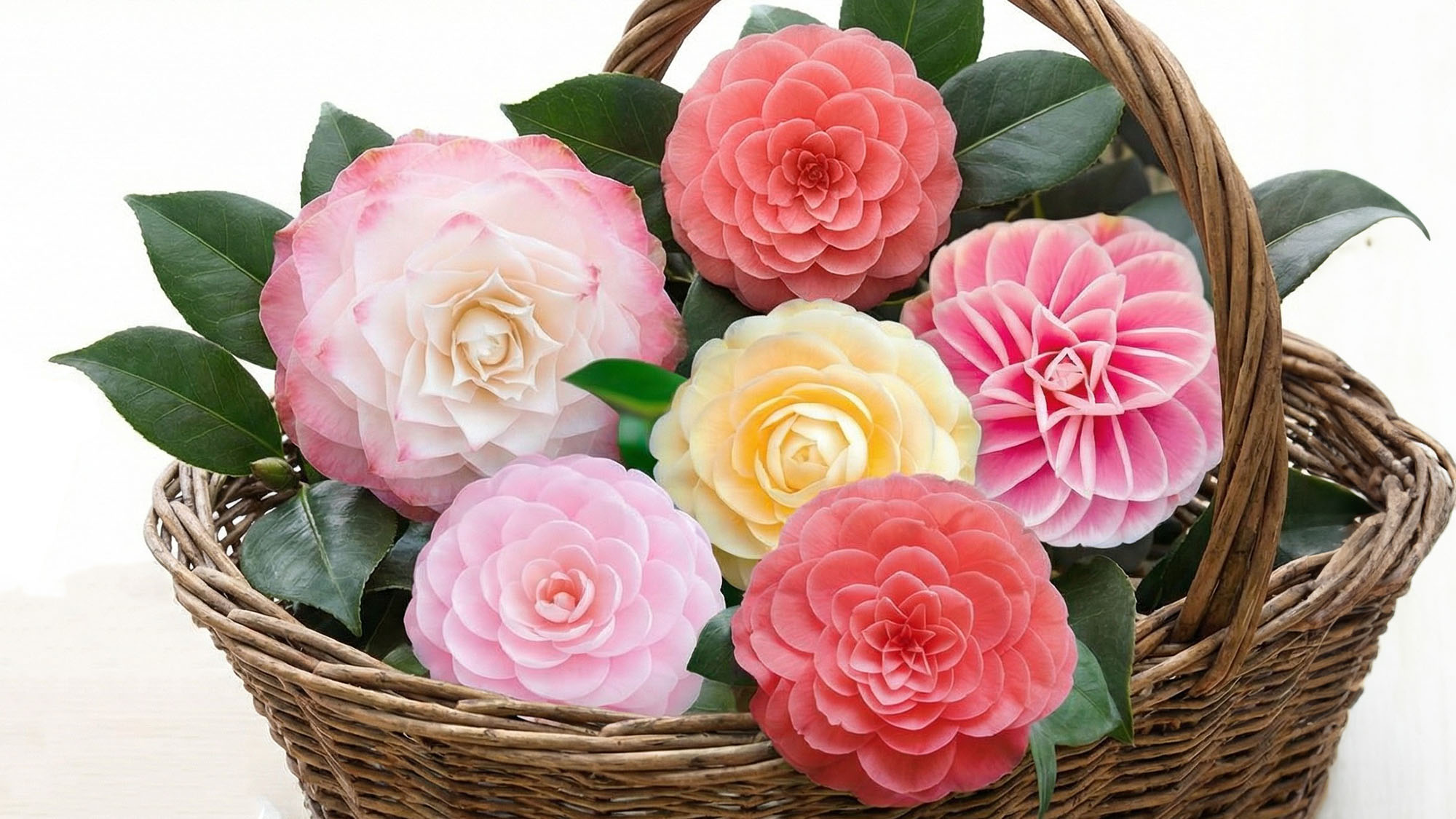Basket of camellia flowers in pink and yellow