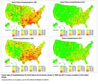 Yearly rates of hospitalization for heart failure and stroke in 1999 and 2011 at the county level in the United States.