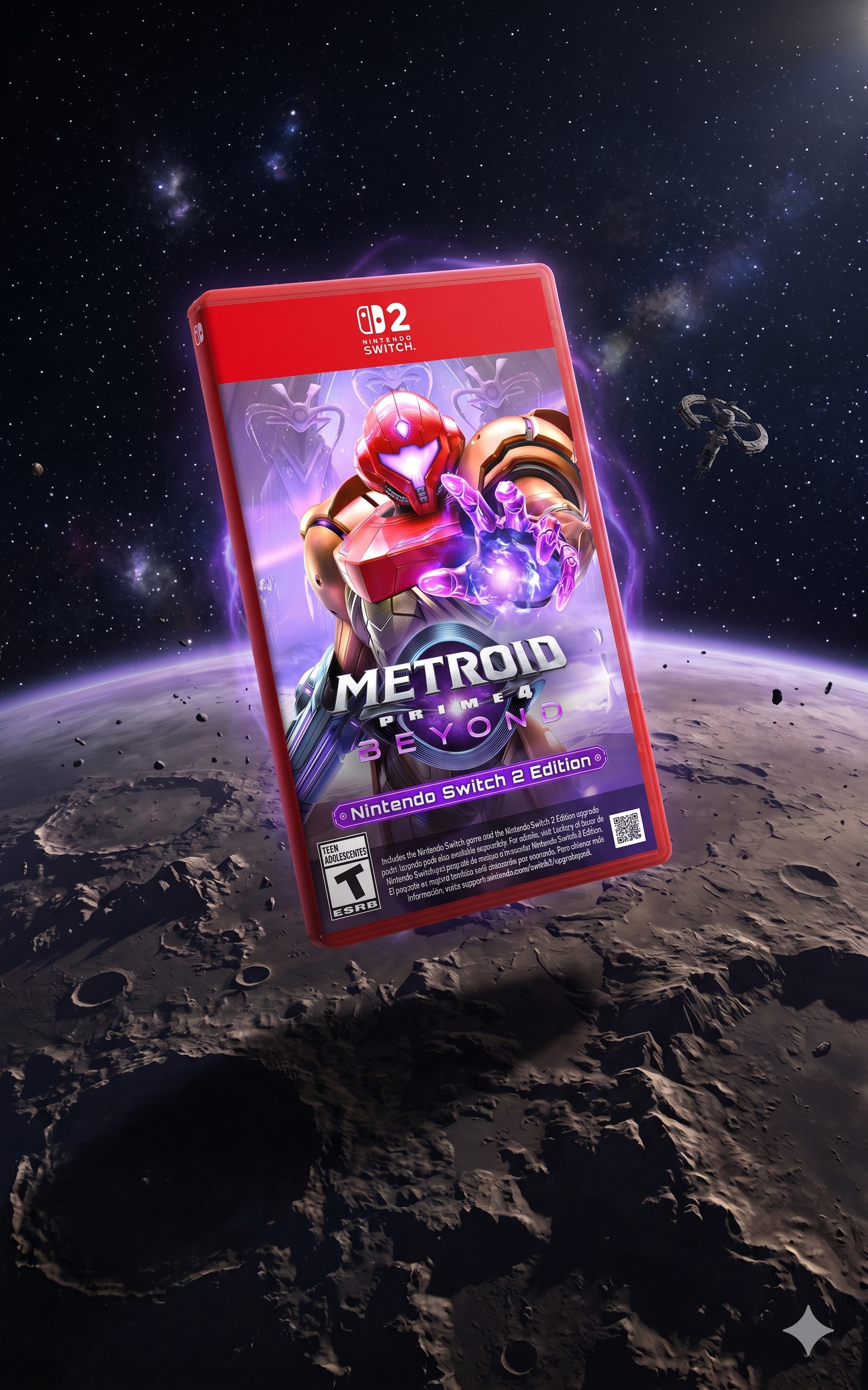 An AI-enhanced image of a Metroid Prime 4 game cover, in orbit around a desolate planet