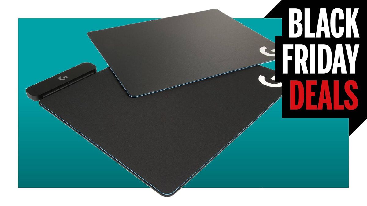 Logitech G Powerplay charging mousepad on a blue background with Black Friday Deals logo