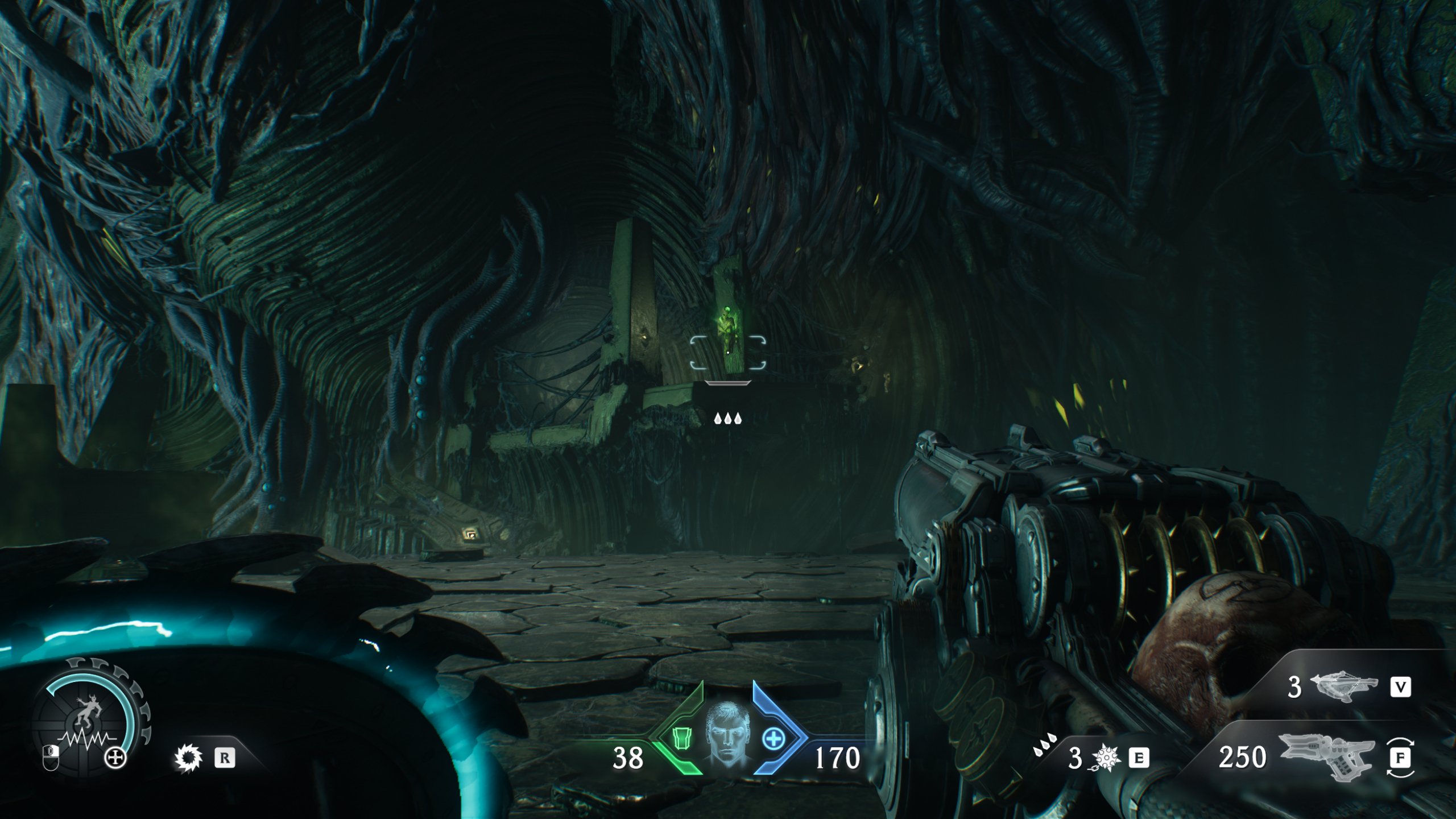 Doom: The Dark Ages Chapter 15 secrets City of Ry'uul - A cave platform in the distance with a shield jump statue on the edge.