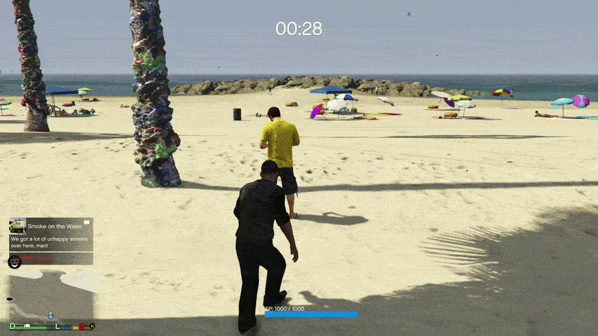 Franklin shapeshifts into a guy on the beach.
