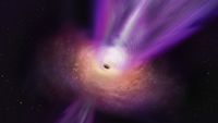 a pink and purple spiral in space blasts out a white line from its center