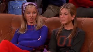 Lisa Kudrow as Phoebe and Jennifer Aniston as Rachel on Friends.