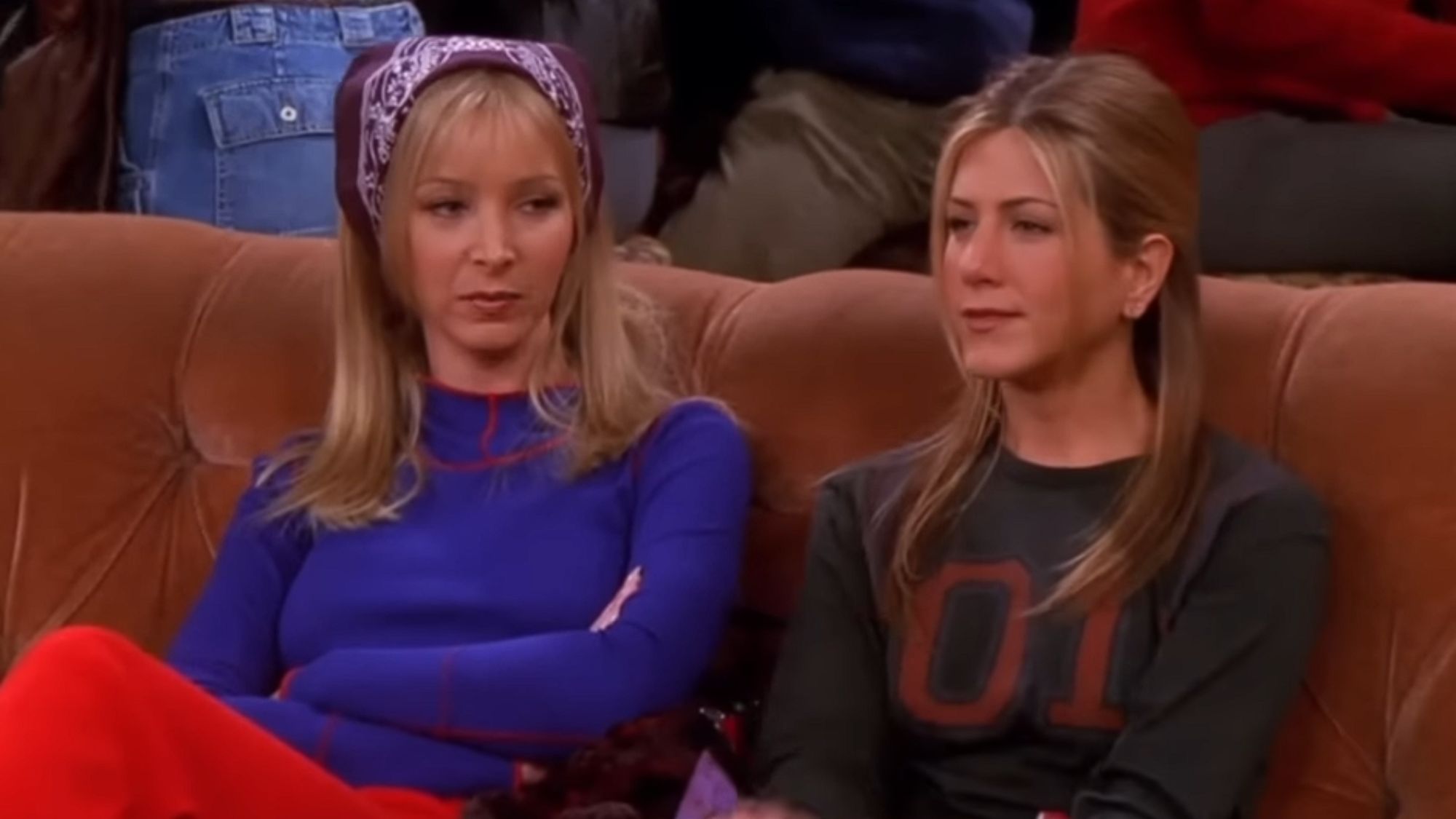 Lisa Kudrow as Phoebe and Jennifer Aniston as Rachel on Friends.