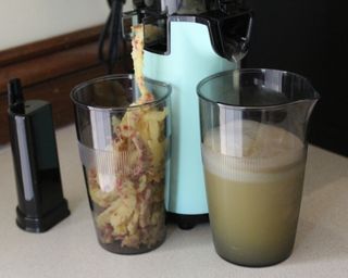Camryn Rabideau preparing apple-pineapple juice using the Dash Compact Power Juicer with cup to decant waste pulp