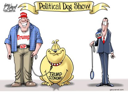 Political cartoon U.S. Trump supporter dog show economy democrats GOP
