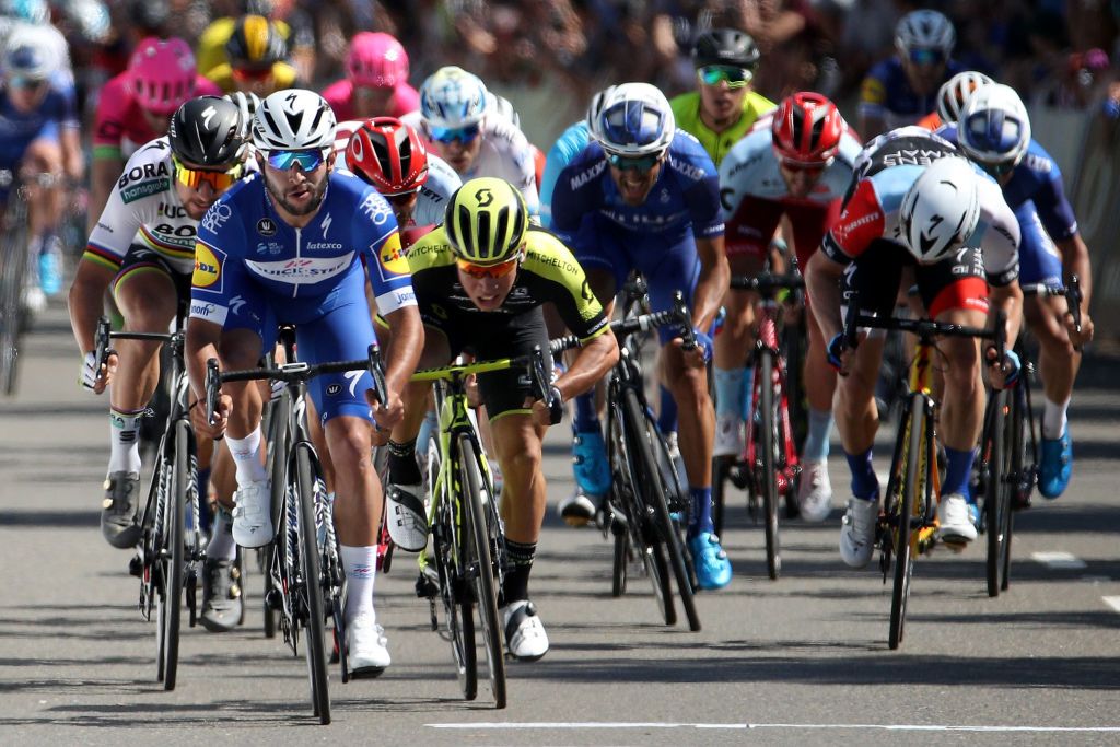Fernando Gaviria (Quick-Step) is pretty sure he's got the win on stage 5 of the 2018 Tour of California despite Caleb Ewan (Mitchelton-Scott) and world champion Peter Sagan's (Bora-Hansgrohe) best efforts