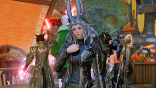 A female Viera chuckles in Gridania in Final Fantasy 14.