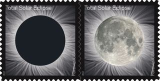 Color-changing ink on this stamp commemorating the 2017 total solar eclipse fades when heat is applied, to reveal a moon over the blotted-out sun.