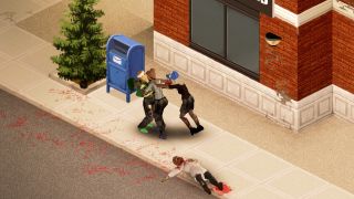 Project Zomboid - A player on a city sidewalk is attacked by two zombies.