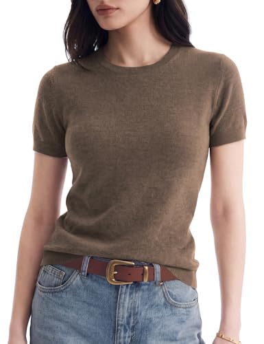 C202 Sweaters for Women Short Sleeve Crew Neck Tops Lightweight Loose Fit Pullover Basic Fall Outfits, Coffee Large