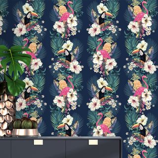 maui wallpaper with pineapples and palm leaves with toucans