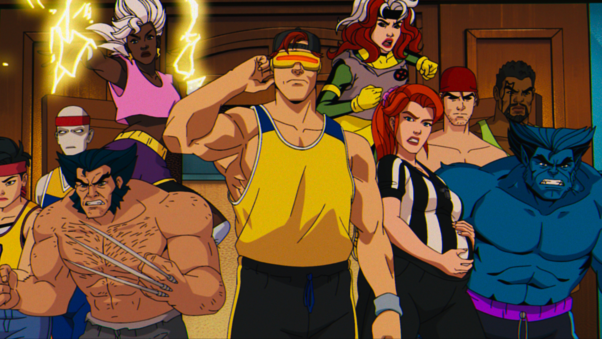 The cast of X-Men 97 burst through a set of double doors in the Disney Plus animated show
